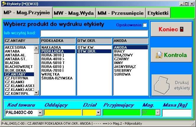 przyjmującego i wprowadzić (sprawdzić) masę towaru. W pozostałych przypadkach naleŝy wypełnić wszystkie dane: Oddający, Dział, Przyjmujący i Masa.