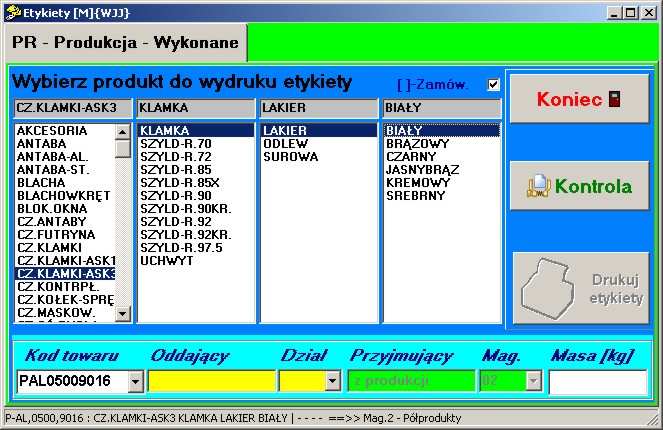 Dział, Przyjmujący i Masa. Przy wypełnianiu okienka Masa naleŝy wprowadzoną wartość zatwierdzić naciskając klawisz ENTER.