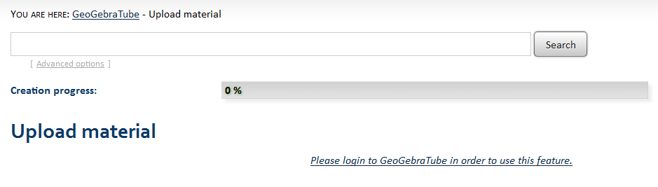 Strona GeoGebraTube otwiera się automatycznie. Należy się zalogować (lub zarejestrować jeśli nie masz jeszcze swojego konta) zanim będzie można kontynuować przesyłanie pliku.
