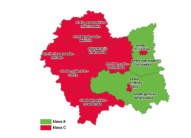 Rysunek 4-1 Klasyfikacja stref dla pyłu PM10 kryterium ochrony zdrowia Źródło: Raport o stanie środowiska w województwie małopolskim w 2008 roku Rysunek 4-2