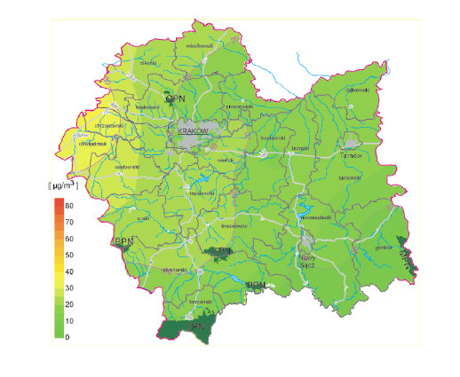środowiska w województwie małopolskim w 2008 roku Rysunek 4-4 Średnie stężenia dwutlenku siarki w województwie
