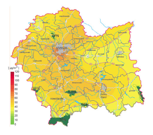 Rysunek 4-5 Średnie stężenie pyłu zawieszonego PM10 w województwie małopolskim w 2008 roku Źródło: Raport o stanie środowiska w województwie małopolskim w 2008 roku 4.1.1.1. System gazowniczy Obszar Miasta Zakopane jest zgazyfikowany, a istniejąca sieć i stacje redukcyjno pomiarowe posiadają duże rezerwy przepustowości.