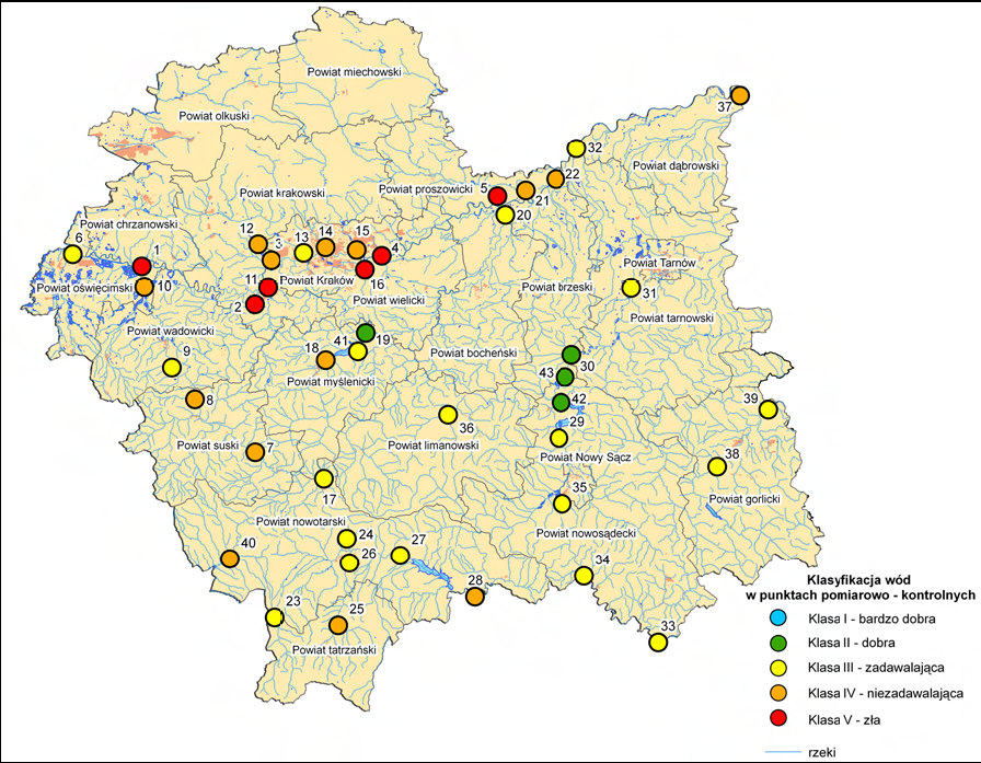 PROGRAM OCHRONY ŚRODOWISKA DLA MIASTA ZAKOPANE AKTUALIZACJA Rysunek 4-7 Klasyfikacja jakości wód powierzchniowych w województwie małopolskim w 2007 roku w punktach monitoringu diagnostycznego Ocenę