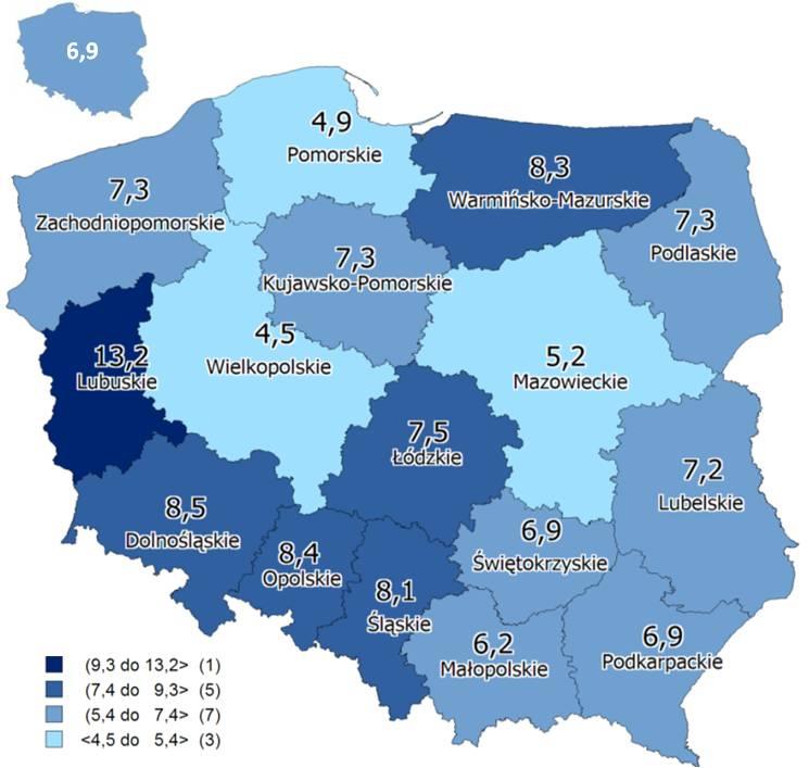 Mapa 2. Wskaźnik niskiej intensywności pracy w województwach w 2011 r.