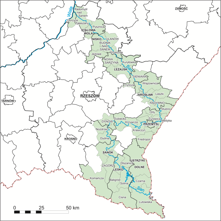 Program Strategiczny Błękitny San Gmina Powierzchnia (w km 2 ) Ludność (w osobach) Gęstość zaludnienia (w osobach na 1 km 2 ) gm. Kuryłówka, 142 5744 40 gm. Leżajsk, 197 20061 101 m. i gm.