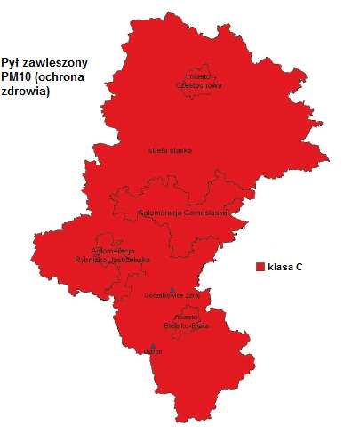Rysunek 6 Klasyfikacja stref województwa śląskiego dla pyłu zawieszonego PM10 pod