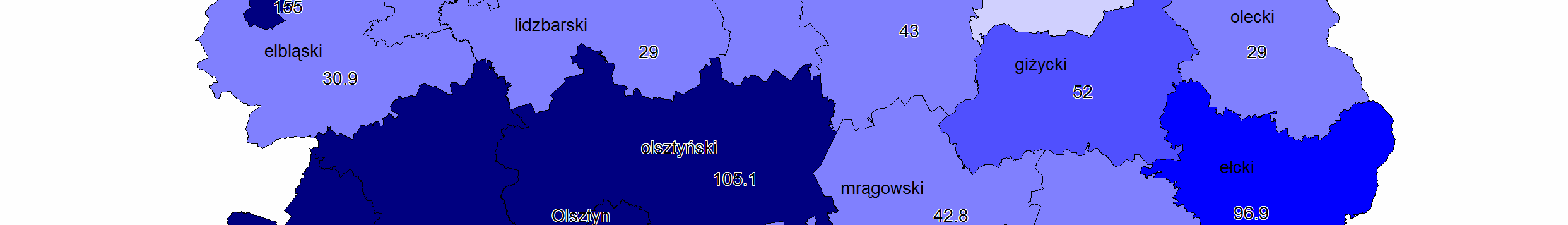 Rycina nr 12: Nakłady inwestycyjne w przedsiębiorstwach w roku 2004 wg powiatów w województwie warmińsko mazurskim.