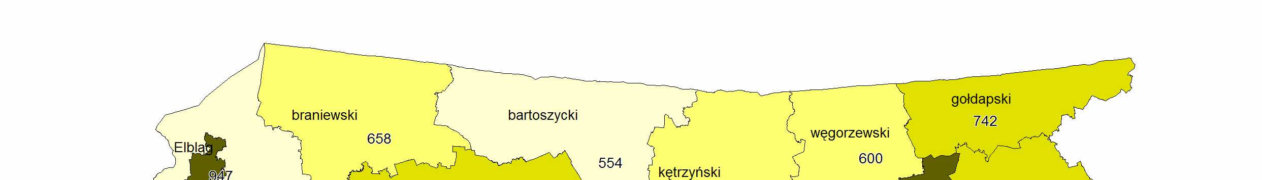 Liczba podmiotów gospodarczych na 10 tys. mieszkańców w Olsztynie (1220) i Elblągu (947) wyraźnie przewyŝsza średnią wojewódzką. W powiatach ziemskich średnio na 10 tys.