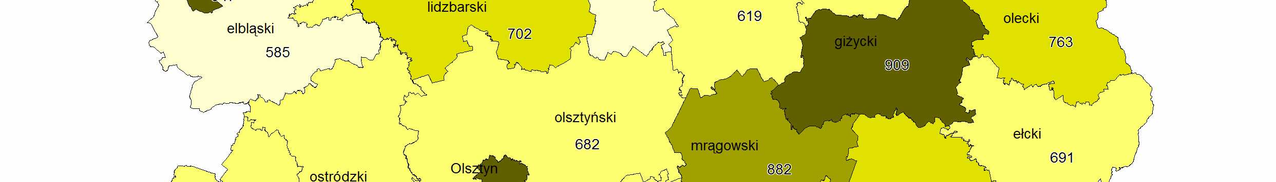 NajwyŜszą liczbę podmiotów gospodarczych na 10 000 mieszkańców rejestruje się w powiatach: giŝyckim (909) i mrągowskim (882), najniŝszą zaś w powiecie bartoszyckim (554) oraz nowomiejskim ( 541) i