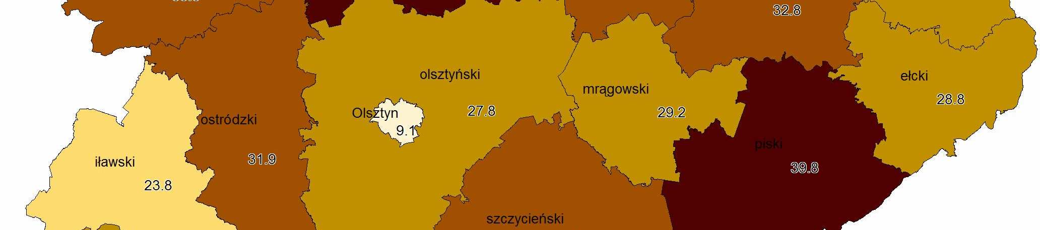 województwo 27,5%, kraj 17,6%). Stopa bezrobocia jest w regionie najwyŝsza w Polsce. Od 2000 r. nastąpił wzrost stopy bezrobocia w województwie o 3,4 pkt (kraj 3,9 pkt.). W województwie warmińsko-mazurskim odnotowuje się duŝe zróŝnicowanie przestrzenne w natęŝeniu bezrobocia.