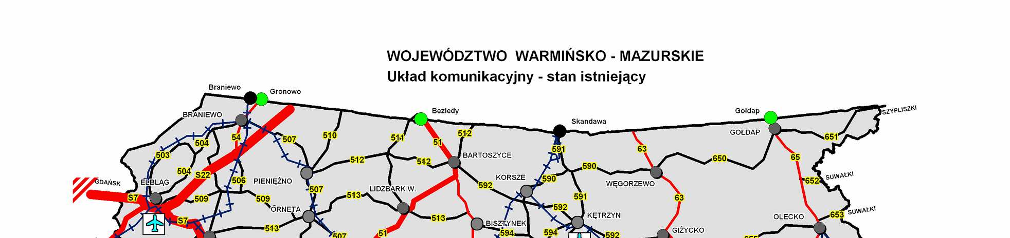 - międzynarodowa E 77 relacji Gdańsk Olsztynek Nidzica - Warszawa Kraków Budapeszt (jako droga krajowa oznaczona nr 7), - nr 51 relacji Olsztynek Olsztyn Bezledy.