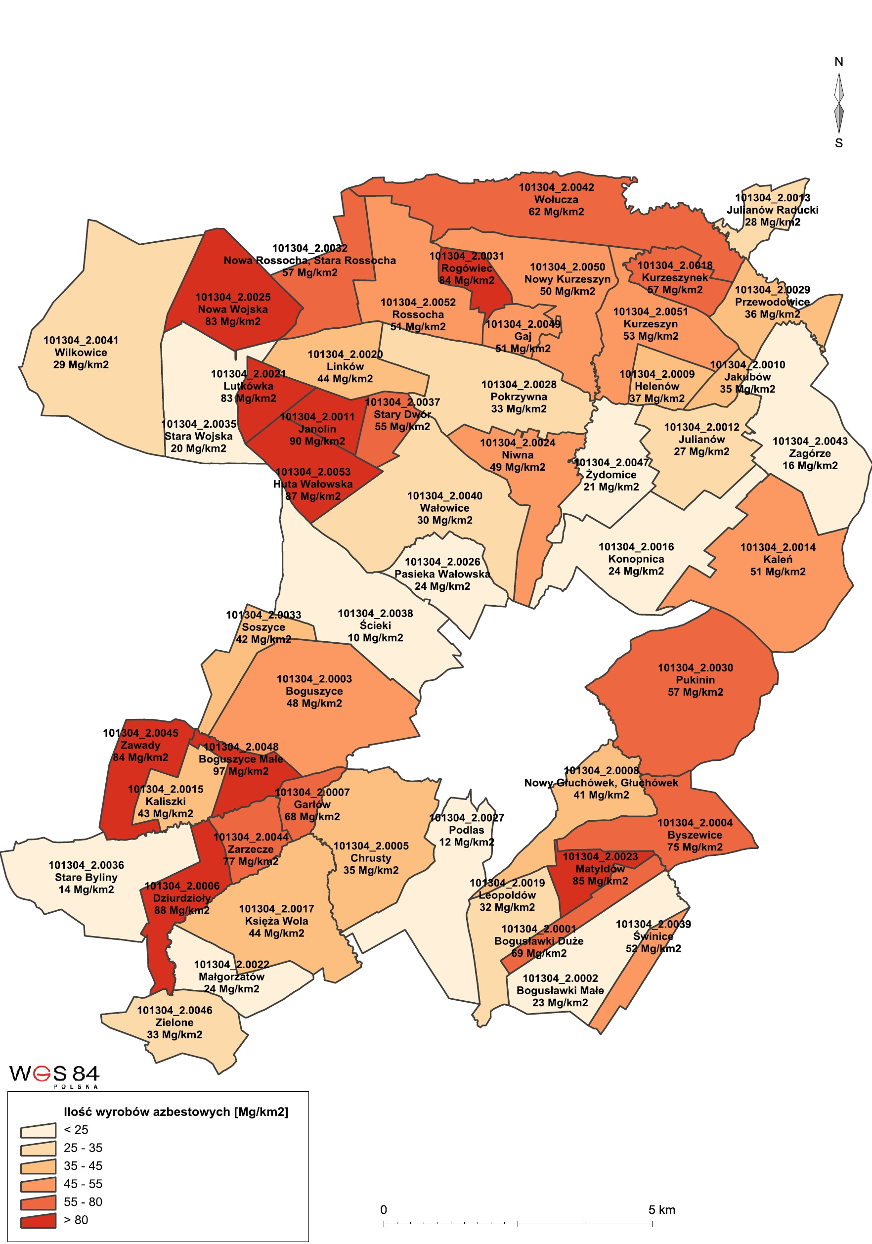 Mapa nr 2 Wyroby azbestowe w poszczególnych miejscowościach