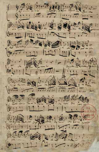 Notenhandschrift Friedrichs II. Einlage-Arie zu Johann Adolf Hasses Oper Cleofide. Staatsbibliothek zu Berlin Preußischer Kulturbesitz, Musikabteilung mit Mendelssohn-Archiv.