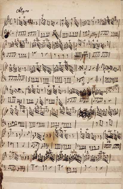 Autograph des ersten Satzes der Flötensonate h-moll von Friedrich II. aus der Königlichen Hausbibliothek. Staatsbibliothek zu Berlin Preußischer Kulturbesitz, Musikabteilung mit Mendelssohn-Archiv.