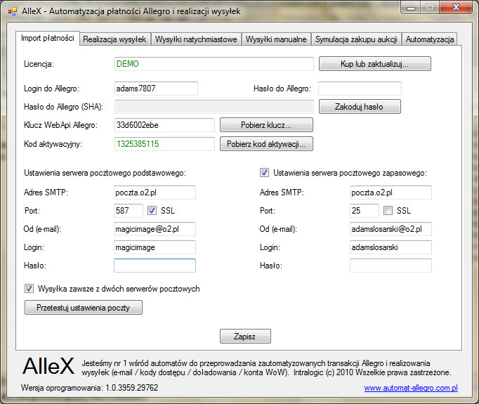 Na początku należy wypełnić pole Login do Allegro w celu odblokowania przycisku pobierz kod aktywacji dla podanej zakupionej licencji lub licencji DEMO a następnie kliknąć na przycisk Pobierz kod