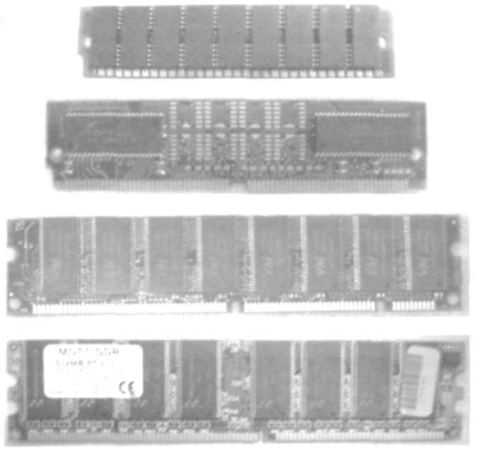 Układy cytrowc 99 Na rysunku 2.60 zamieszczamy zdjęcia kolejno modułów SIMM 30, SIMM 72, D I M M S D R i DIM DDR.