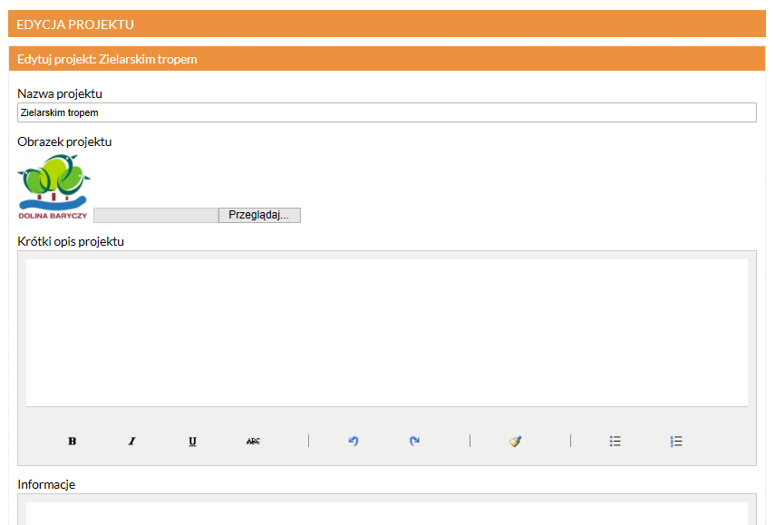 Pierwszym krokiem użytkownika powinno być zmiana zdjęcia dodanego przez Administratora i wstawienie takiego, które dotyczyć będzie projektu.