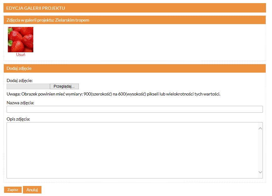 Galeria projektu Kolejnym krokiem edycji projektu jest uzupełnienie galerii. W edycji galerii projektu użytkownik ma możliwość dodawania zdjęć poprzez formularz dodaj zdjęcie.
