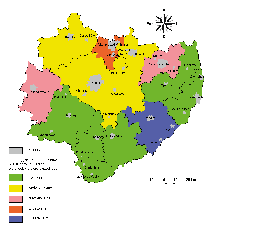 skich i obszarów wiejskich gmin miejsko-wiejskich można wskazać funkcje dominujące. Najliczniejszą grupą są powiaty i gminy z przewagą funkcji rolniczej.