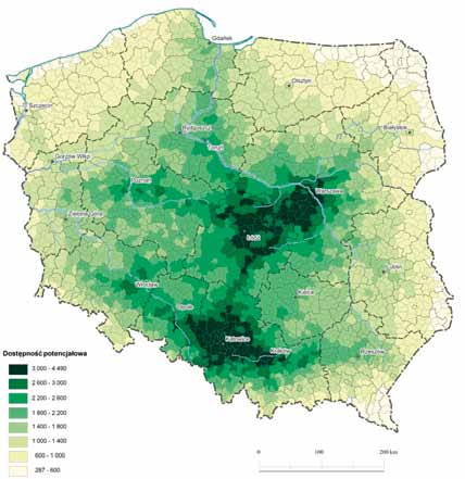 Dostępność potencjałowa 3 000-4 490 2 600-3 000 2 200-2 600 1 800-2 200 1 400-1 800 1 000-1 400 600-1 000 287-600 Ryc. 3. Poziom dostępności drogowej potencjałowej w 2015 r.