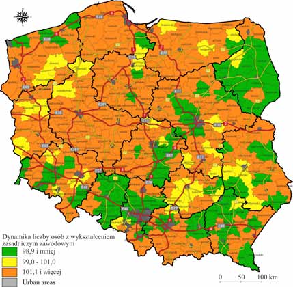 Tempo zmian liczby ludności z wykształceniem zawodowym na obszarach wiejskich było zróżnicowane, a wskaźnik dynamiki wahał się od 80,3% do 119,0%.