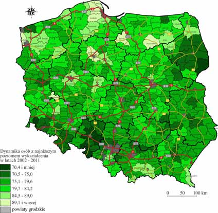 Najliczniejszą grupę stanowią powiaty, w których ubytek ludności z najniższymi kwalifikacjami kształtował się w granicach 15,8-24,9% (czyli wskaźnik dynamiki kształtował się na poziomie 75,1%-84,2%).