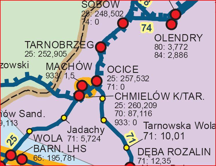 Rysunek 11 Tarnobrzeg w sieci infrastruktury kolejowej Źródło: Mapa sieci PKP Węzły te były uwzględnione przy projektowaniu lokalizacji obiektów II etapu rozwoju Tarnobrzeskiego Parku Przemysłowo