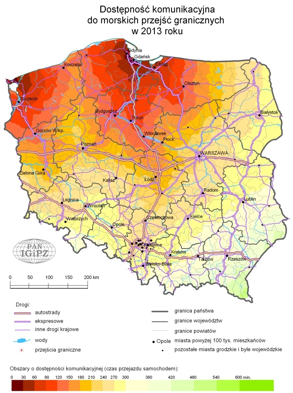 Rycina 18 Prognozowana dostępność czasowa w transporcie samochodowym do polskich zespołów portowych w roku 2013 Źródło: Komornicki T., Śleszyński P. i in. 2008 10.