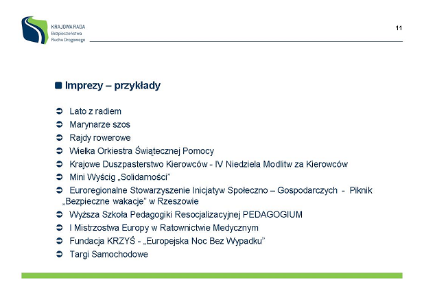 Ponadto Krajowa Rada Bezpieczeństwa Ruchu Drogowego prowadzi w szkołach w 13 miejscowościach w Polsce 45 minutowe lekcje o zasadach bezpieczeństwa ruchu drogowego, ale również o zasadach udzielania