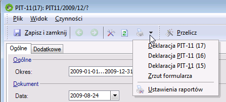 Po zatwierdzeniu deklaracji podświetlamy wszystkie deklaracje, które chcemy wydrukować i wybieramy w drukarce deklarację PIT11(x) w