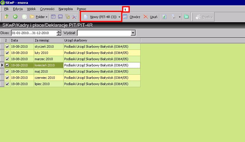 Sporządzanie deklaracji zaczynamy od naciśnięcia klawisza Nowy PIT 4R (punkt 1) i otworzy nam się