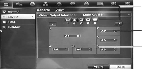 Dodatek G: Informacje o przekazywaniu portów Rysunek 17: Układ kamer i okno sekwencji (na rysunku 4-kanałowy rejestrator DVR) Pasek układu widoku z wielu kamer Kolejność kamer w sekwencji Wybieranie