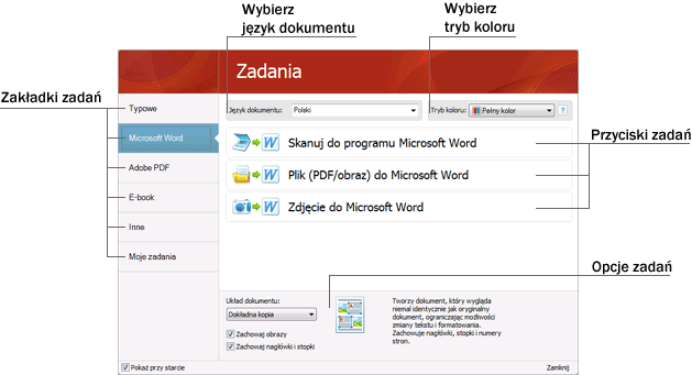 Zadania programu ABBYY FineReader Przetwarzanie dokumentu w programie ABBYY FineReader często obejmuje wiele powtarzających się sekwencji, takich jak skanowanie i rozpoznawanie dokumentu, a następnie