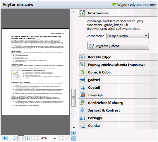 W Edytorze obrazów po lewej stronie wyświetlona jest aktywna strona bieżącego dokumentu programu ABBYY FineReader, a po prawej narzędzia edycji obrazu. 2.