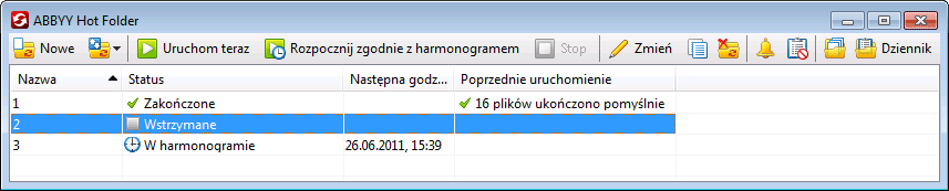 Aby utworzyć nowe zadanie, kliknij przycisk Nowe na pasku narzędzi. Kreator ABBYY Hot Folder przeprowadzi użytkownika przez czynności konfiguracyjne folderu podręcznego.