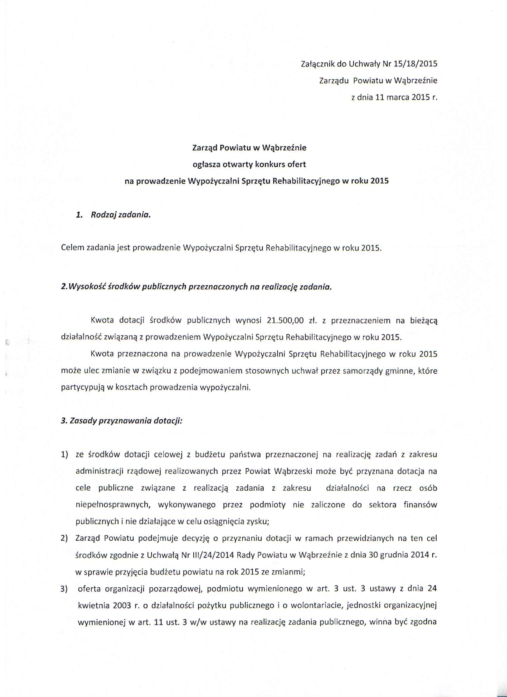 Załącznik do Uchwały Nr 15/18/2015 Zarządu Powiatu w Wąbrzeźnie z dnia 11 marca 2015 r.
