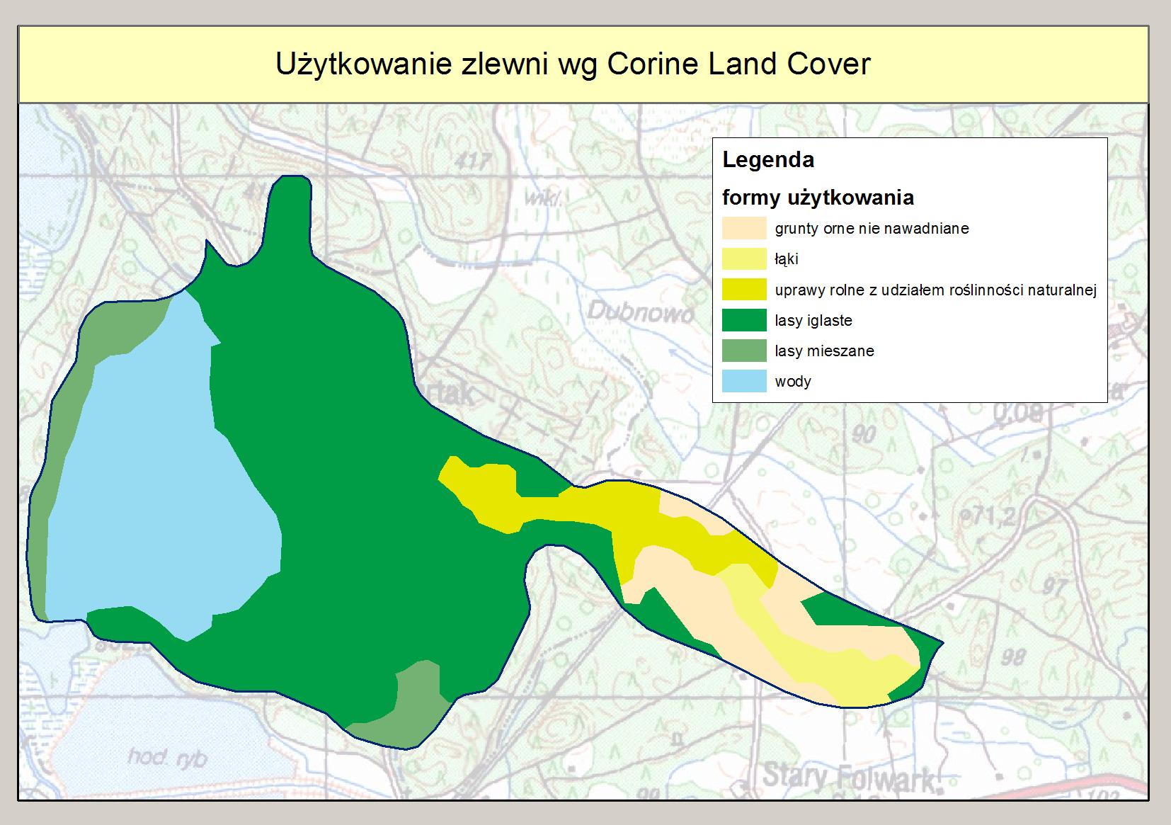 Ryc. 7. Mapa przedstawiająca rozmieszczenie różnych form użytkowania terenu zlewni bezpośredniej jeziora Konin (według MPHP i CORINE LAND COVER, 2006) 7.