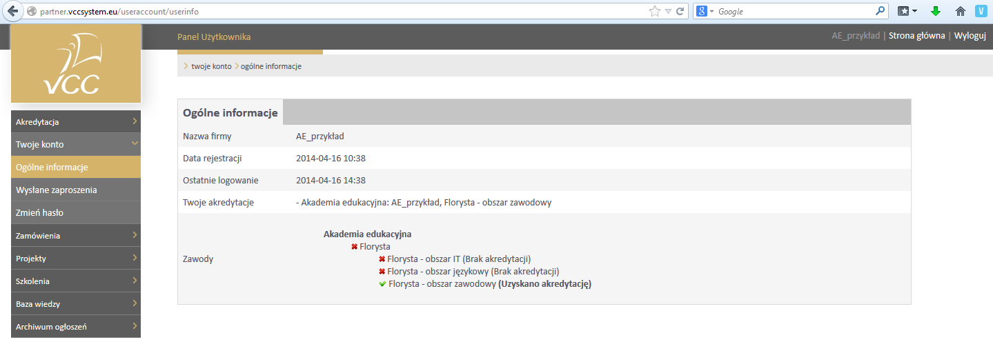 Podsumowanie W zakładce Twoje konto można wyświetlić informację o uzyskanej akredytacji.