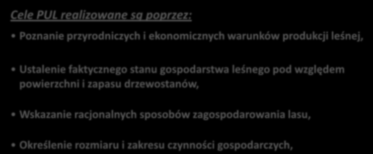 Cele PUL realizowane są poprzez: Poznanie przyrodniczych i ekonomicznych warunków produkcji leśnej, Ustalenie faktycznego stanu gospodarstwa leśnego pod