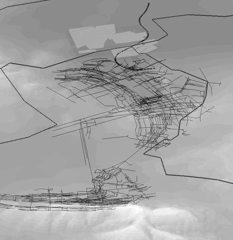 System informacji geograficznej wałbrzyskich kopalń węgla kamiennego... 25 Eksploatowane pokłady węgla Wyrobiska podziemne Granice terenów górniczych Cyfrowy model powierzchni terenu Rys. 3.