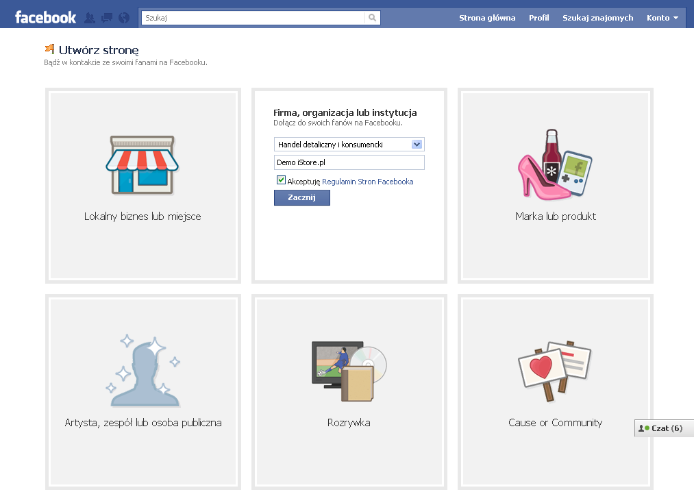 Po wyborze kategorii dla Strony należy podać nazwę oficjalnej Strony oraz zaakceptować Regulamin Serwisu Facebook.