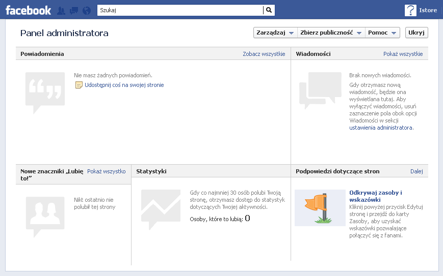 W panelu odnajdziesz kilka ważnych odnośników, pozwalających na zarządzanie Twoją stroną.