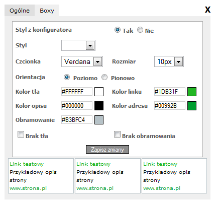 Styl linków możemy wybrać z gotowych, przygotowanych przez nas palet bądź też skonfigurować samemu. Oprócz tego mamy możliwość zmiany orientacji oraz nawet kroju czcionki i jej rozmiarów!