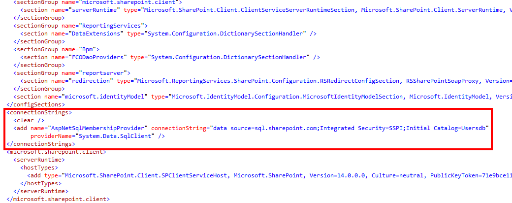 7 Modyfikacja pliku web.config dla nowoutworzonej aplikacji Należy zmodyfikowad następujące wpisy w pliku: C:\inetpub\wwwroot\wss\VirtualDirectories\..\web.