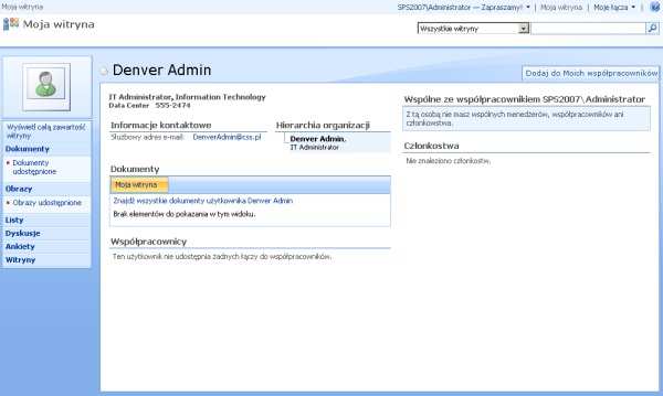 Strona 7 z 7 Rys. 9. Moja witryna - Profil użytkownika. Podsumowanie Microsoft Office SharePoint Server 2007 pozwala na łatwe i efektywne przedstawianie informacji o pracownikach firmy.