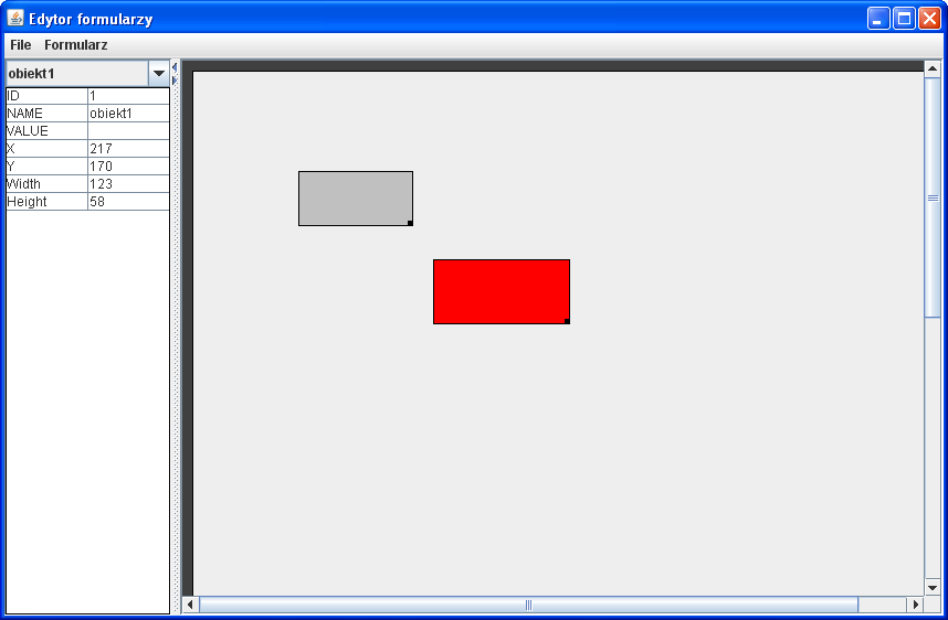 aktywne i oznaczone kolorem czerwonym. Po lewej stronie ekrany widoczny jest inspektor obiektów przedstawiający dane opisujące zaznaczone pole danych.