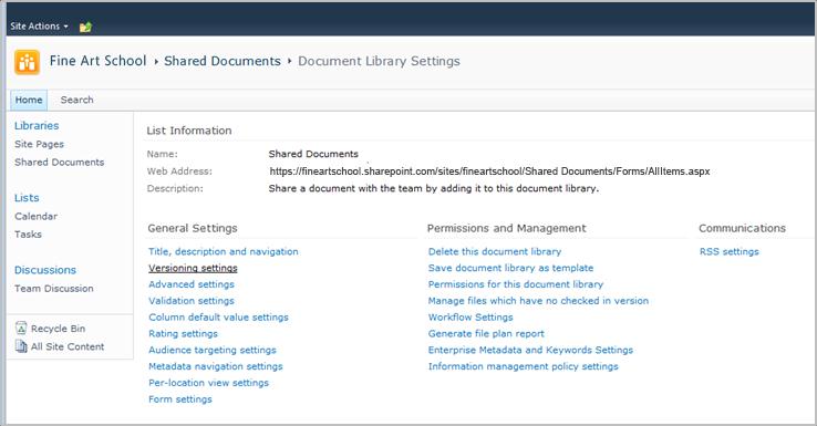 4. Na stronie Document Library Settings (Ustawienia biblioteki dokumentów) kliknij Versioning settings (Ustawienia przechowywania wersji). 5.