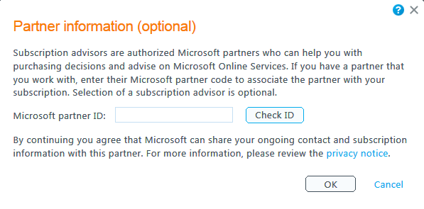 7. Jeśli to konieczne, edytuj Service usage address (Adres korzystania z usługi). 8. Jeśli współpracujesz z partnerem firmy Microsoft, pamiętaj, aby skojarzyć swoje konto z identyfikatorem partnera.