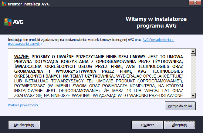 3.2. Umowa licencyjna To okno pozwala Ci zapoznaćsię z warunkami licencji. Aby wyświetlićtreśćumowy licencyjnej w nowym oknie, kliknij przycisk Wersja do druku.