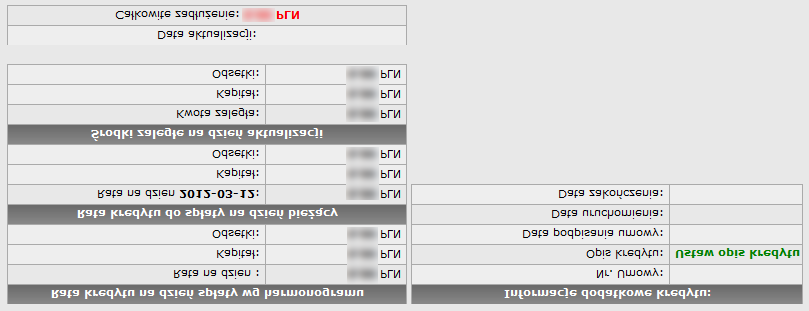 Ilustracja: Szczegółowe informacje kredytu Poniżej znajdują się tabele z Historią spłat kredytu (z odpowiednimi akcjami jeśli jakiś kredyt był już spłacany, patrz rozdział Spłata raty ) oraz z Listą